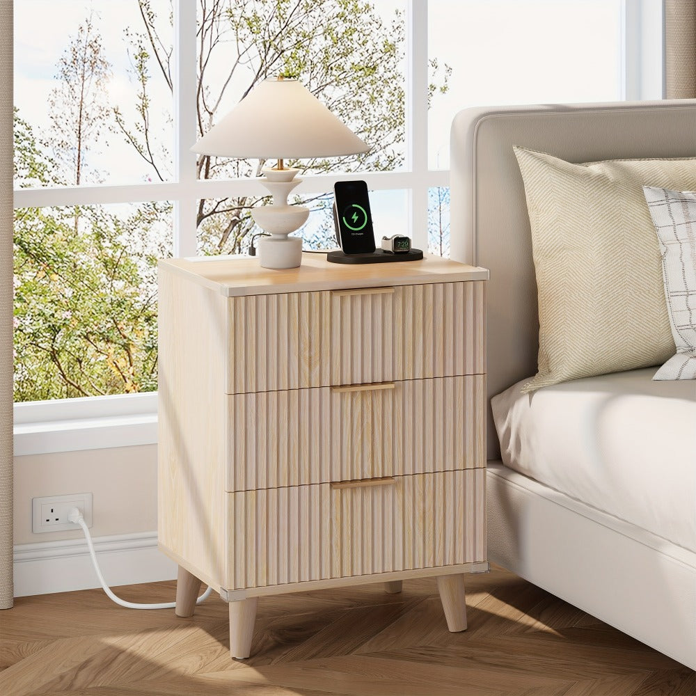 Nightstand Fluted Three-Drawer Bedside Table with Charging Station and Single or Two-Piece Options