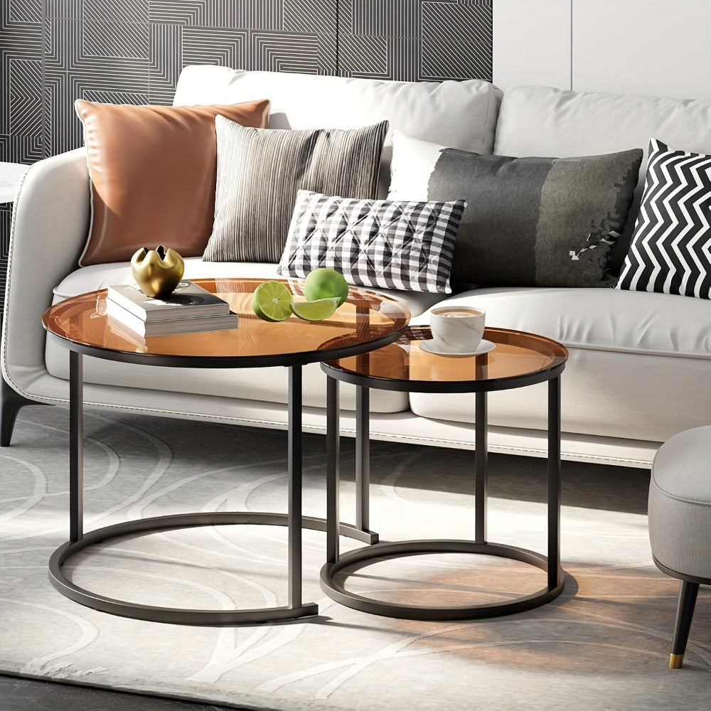 Coffee Table 2-Piece Round Nesting Set with Glass Tops, Metal Frames and Seven Glass-and-Frame Combinations