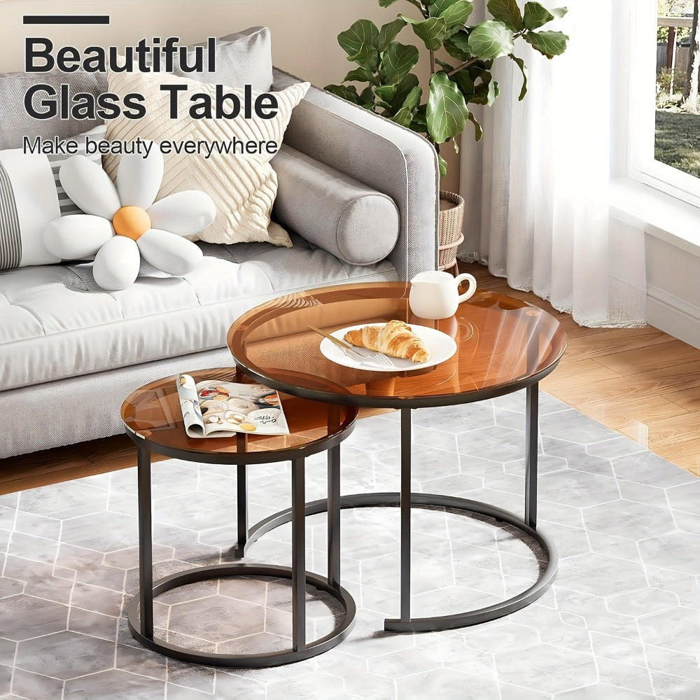 Coffee Table 2-Piece Round Nesting Set with Glass Tops, Metal Frames and Seven Glass-and-Frame Combinations