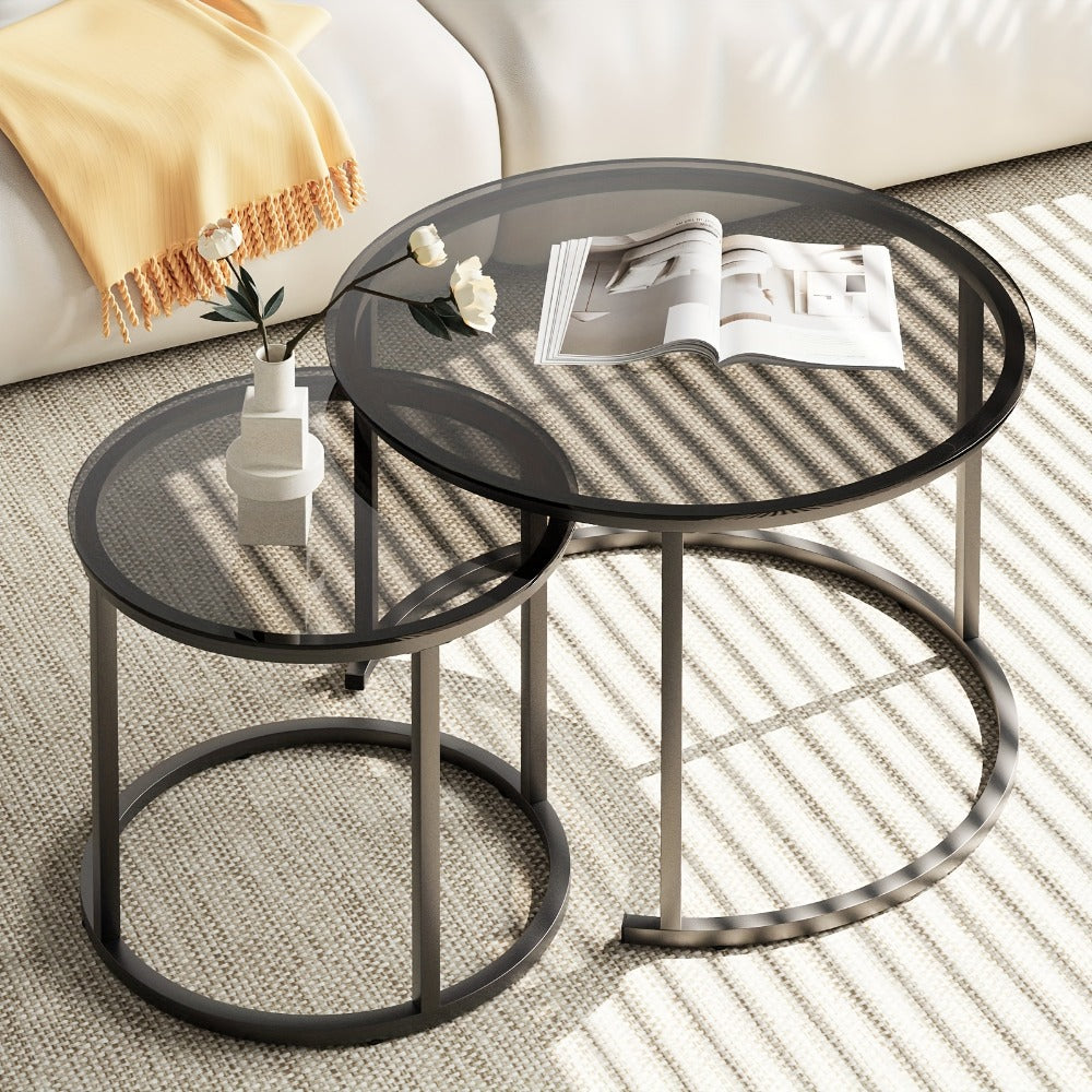 Coffee Table 2-Piece Round Nesting Set with Glass Tops, Metal Frames and Seven Glass-and-Frame Combinations