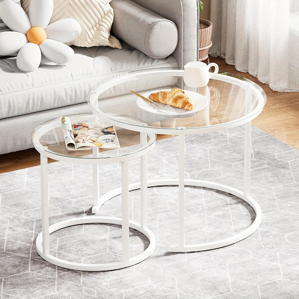 Coffee Table 2-Piece Round Nesting Set with Glass Tops, Metal Frames and Seven Glass-and-Frame Combinations