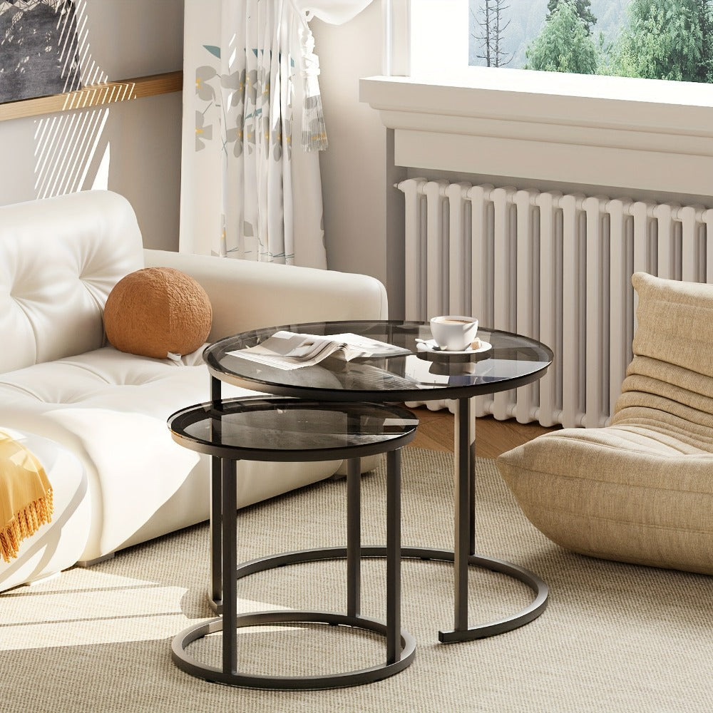 Coffee Table 2-Piece Round Nesting Set with Glass Tops, Metal Frames and Seven Glass-and-Frame Combinations