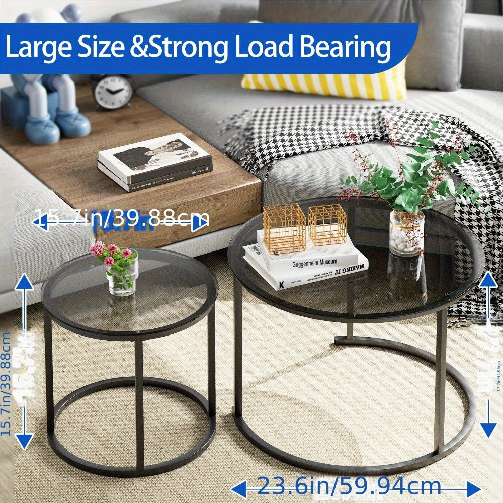 Coffee Table 2-Piece Round Nesting Set with Glass Tops, Metal Frames and Seven Glass-and-Frame Combinations