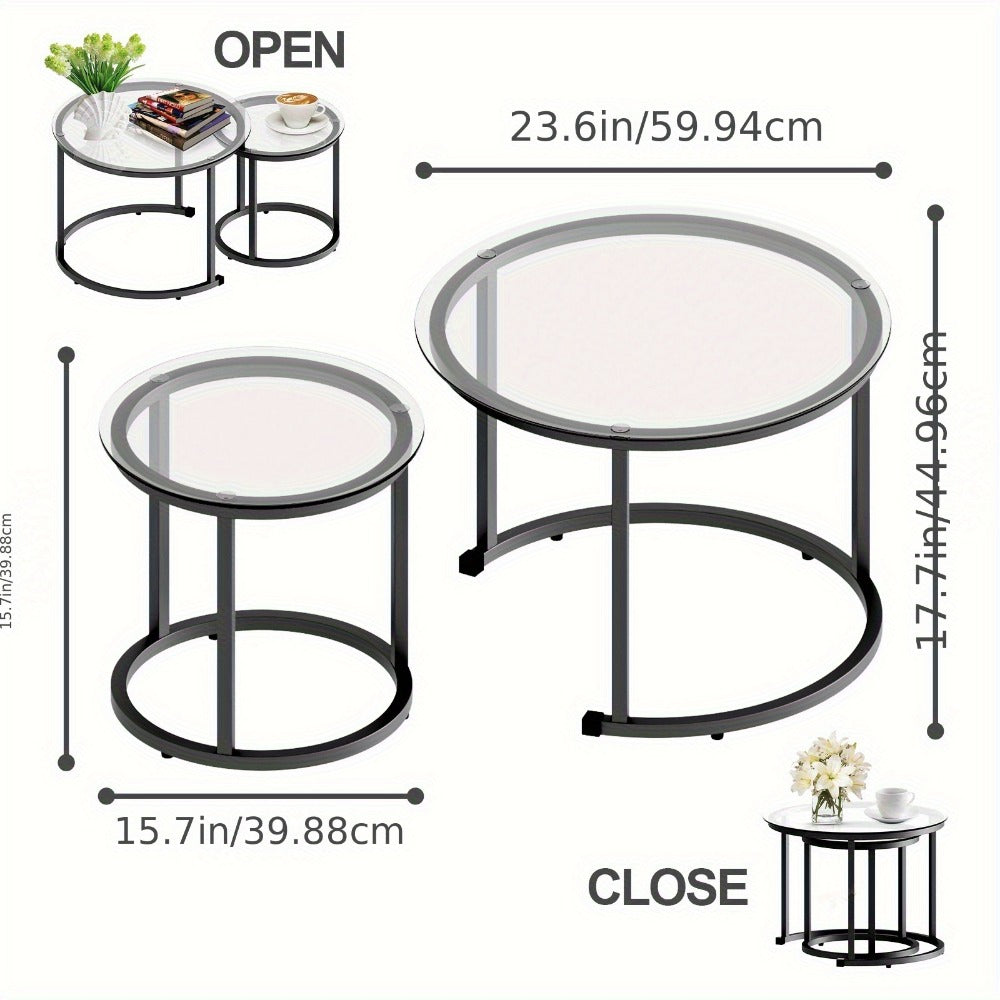 Coffee Table 2-Piece Round Nesting Set with Glass Tops, Metal Frames and Seven Glass-and-Frame Combinations