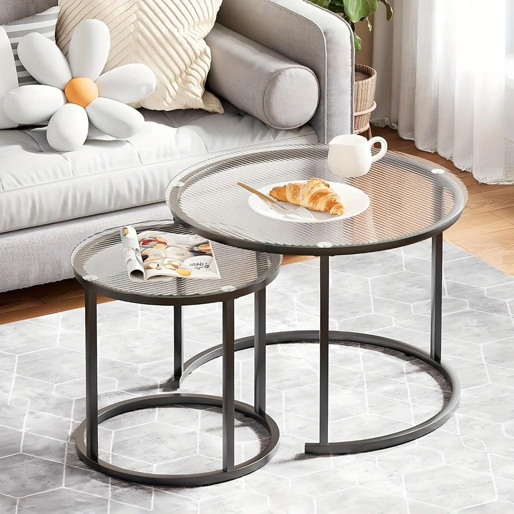 Coffee Table 2-Piece Round Nesting Set with Glass Tops, Metal Frames and Seven Glass-and-Frame Combinations