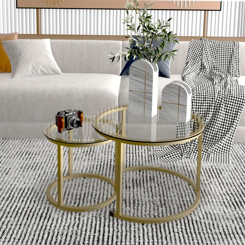 Coffee Table 2-Piece Round Nesting Set with Glass Tops, Metal Frames and Seven Glass-and-Frame Combinations