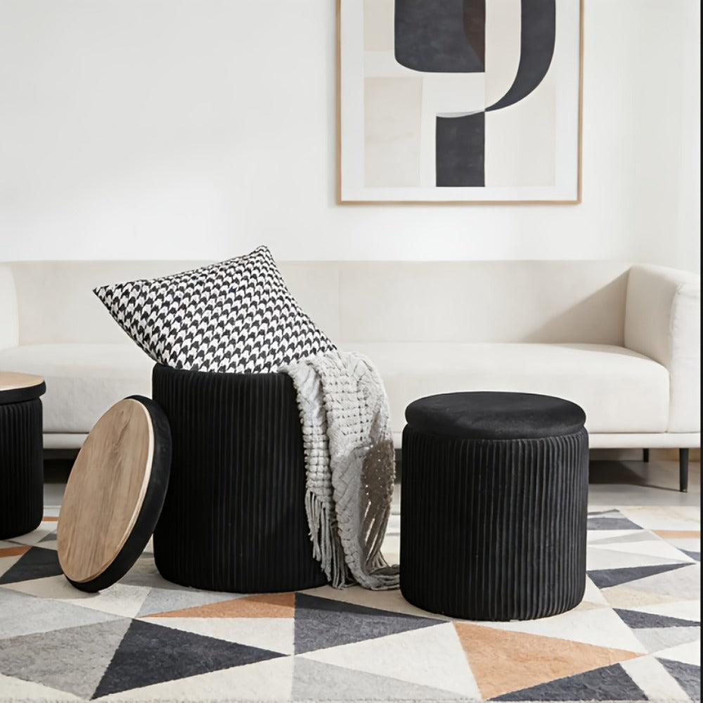Ottoman Round Storage Pair with Two Sizes, Removable Reversible Tray Lids and Three Upholstery Colors