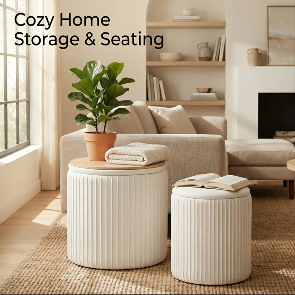 Ottoman Round Storage Pair with Two Sizes, Removable Reversible Tray Lids and Three Upholstery Colors