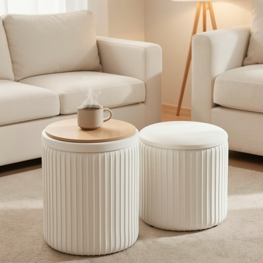 Ottoman Round Storage Pair with Two Sizes, Removable Reversible Tray Lids and Three Upholstery Colors
