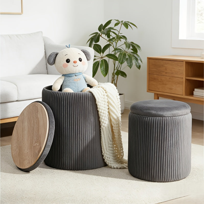 Ottoman Round Storage Pair with Two Sizes, Removable Reversible Tray Lids and Three Upholstery Colors
