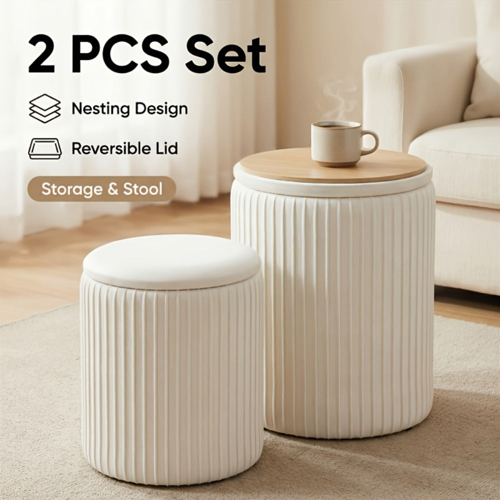 Ottoman Round Storage Pair with Two Sizes, Removable Reversible Tray Lids and Three Upholstery Colors