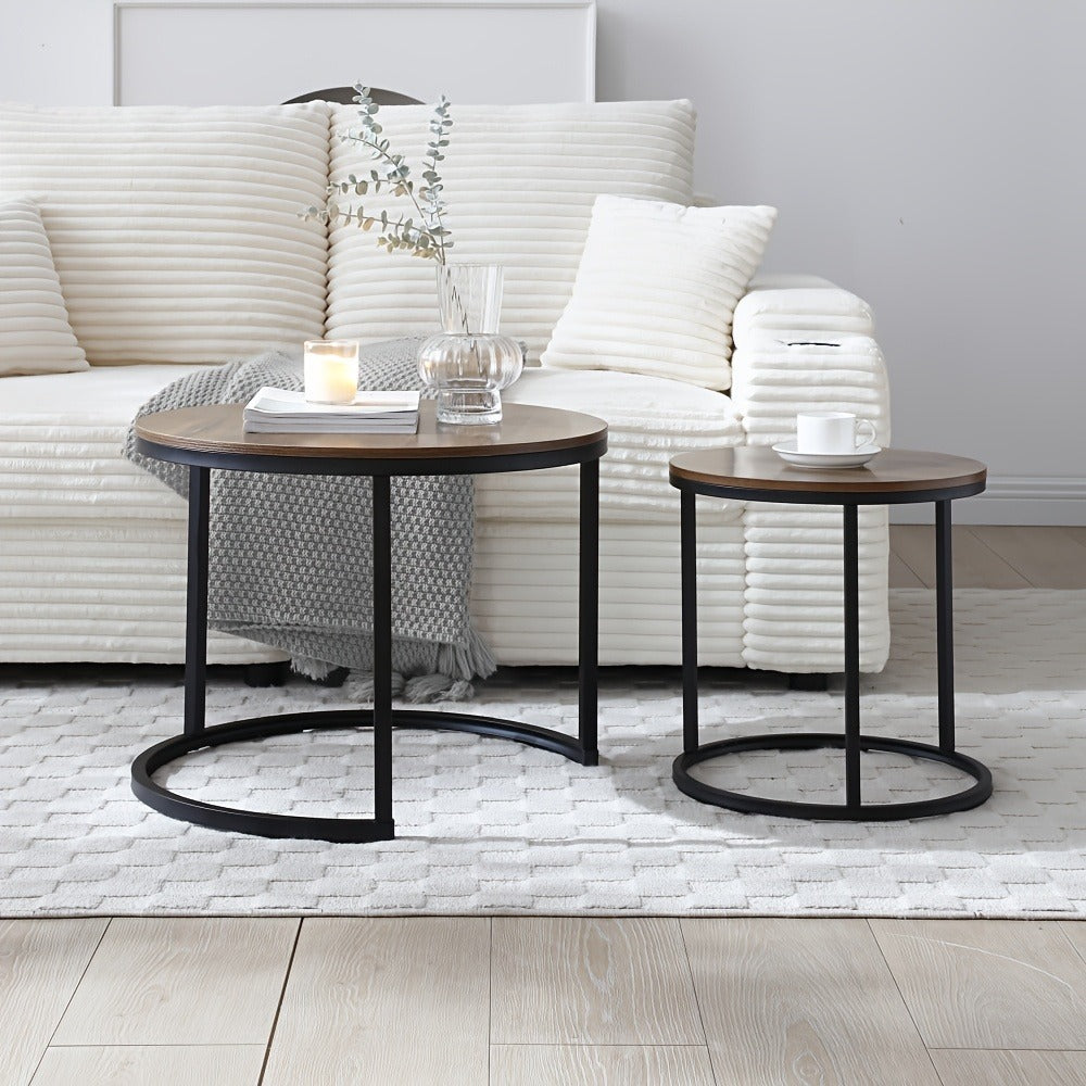 Coffee Table 2-Piece Round Nesting Set with MDF Tops, Metal Ring Frames and Five Finish Combinations
