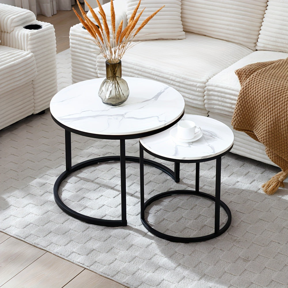 Coffee Table 2-Piece Round Nesting Set with MDF Tops, Metal Ring Frames and Five Finish Combinations