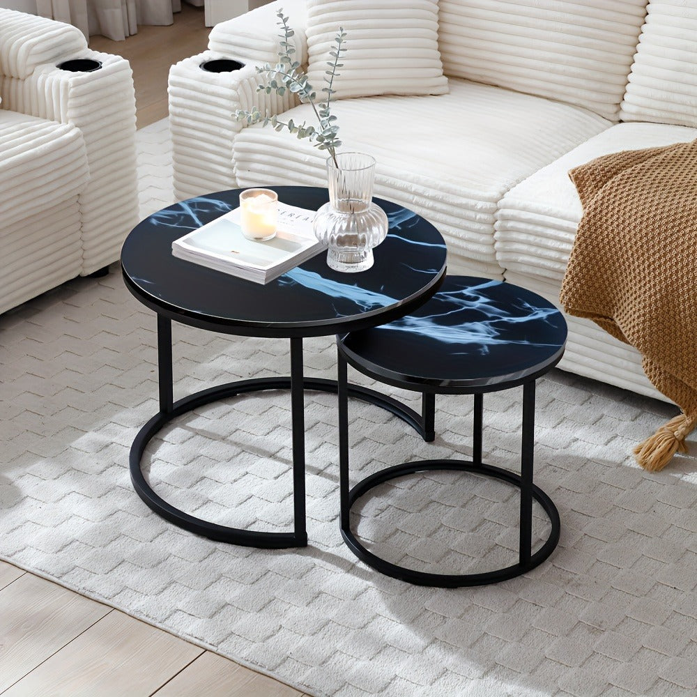 Coffee Table 2-Piece Round Nesting Set with MDF Tops, Metal Ring Frames and Five Finish Combinations