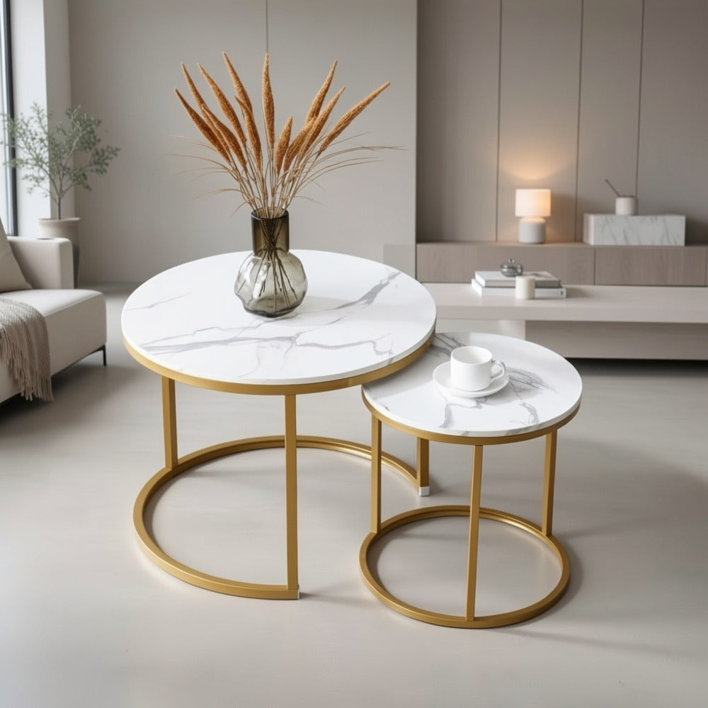 Coffee Table 2-Piece Round Nesting Set with MDF Tops, Metal Ring Frames and Five Finish Combinations