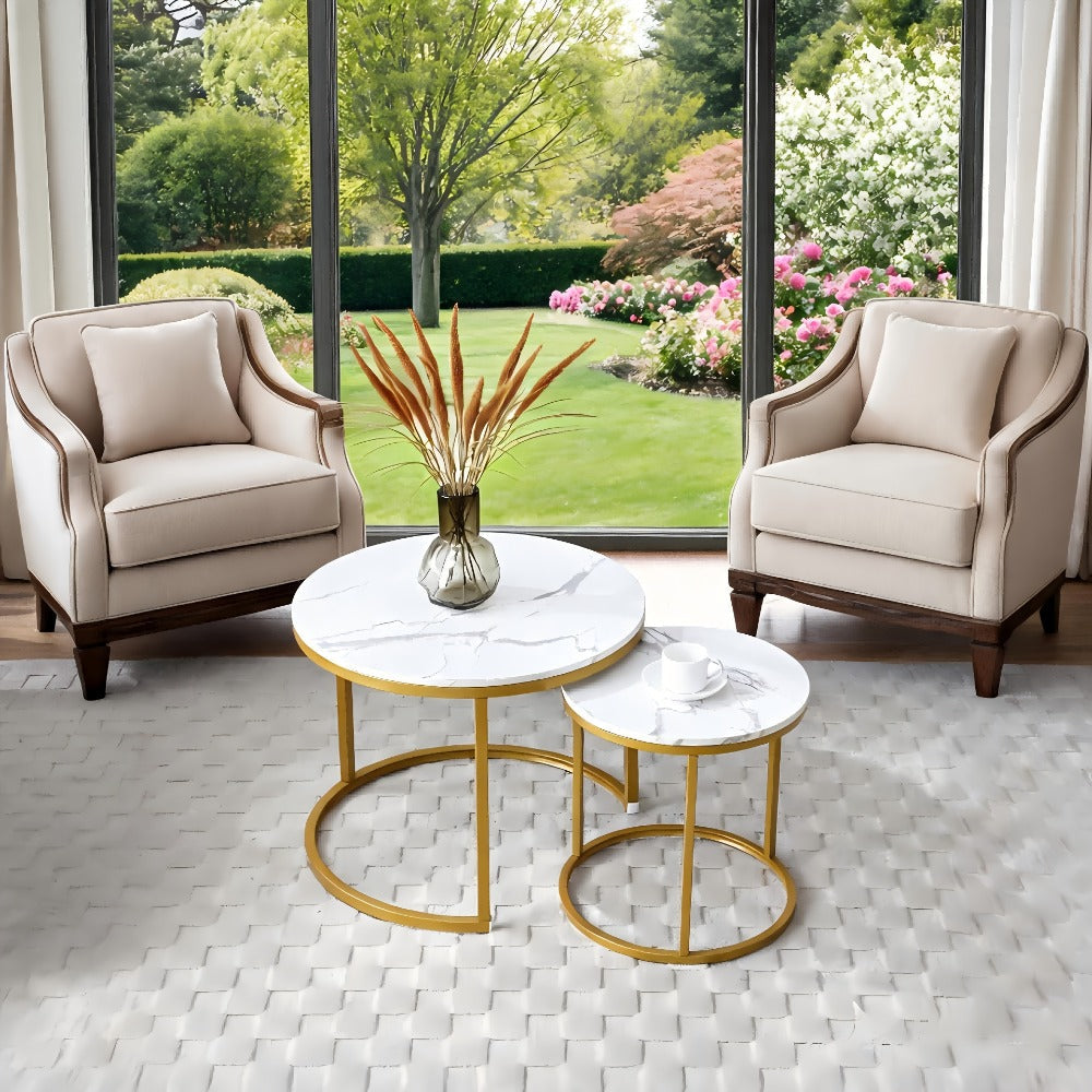 Coffee Table 2-Piece Round Nesting Set with MDF Tops, Metal Ring Frames and Five Finish Combinations