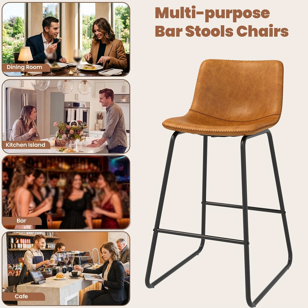 Bar Stool Fixed 26in Seat in Sets of 2 or 3 with Faux Leather Back, Metal Sled Legs and Six Colors