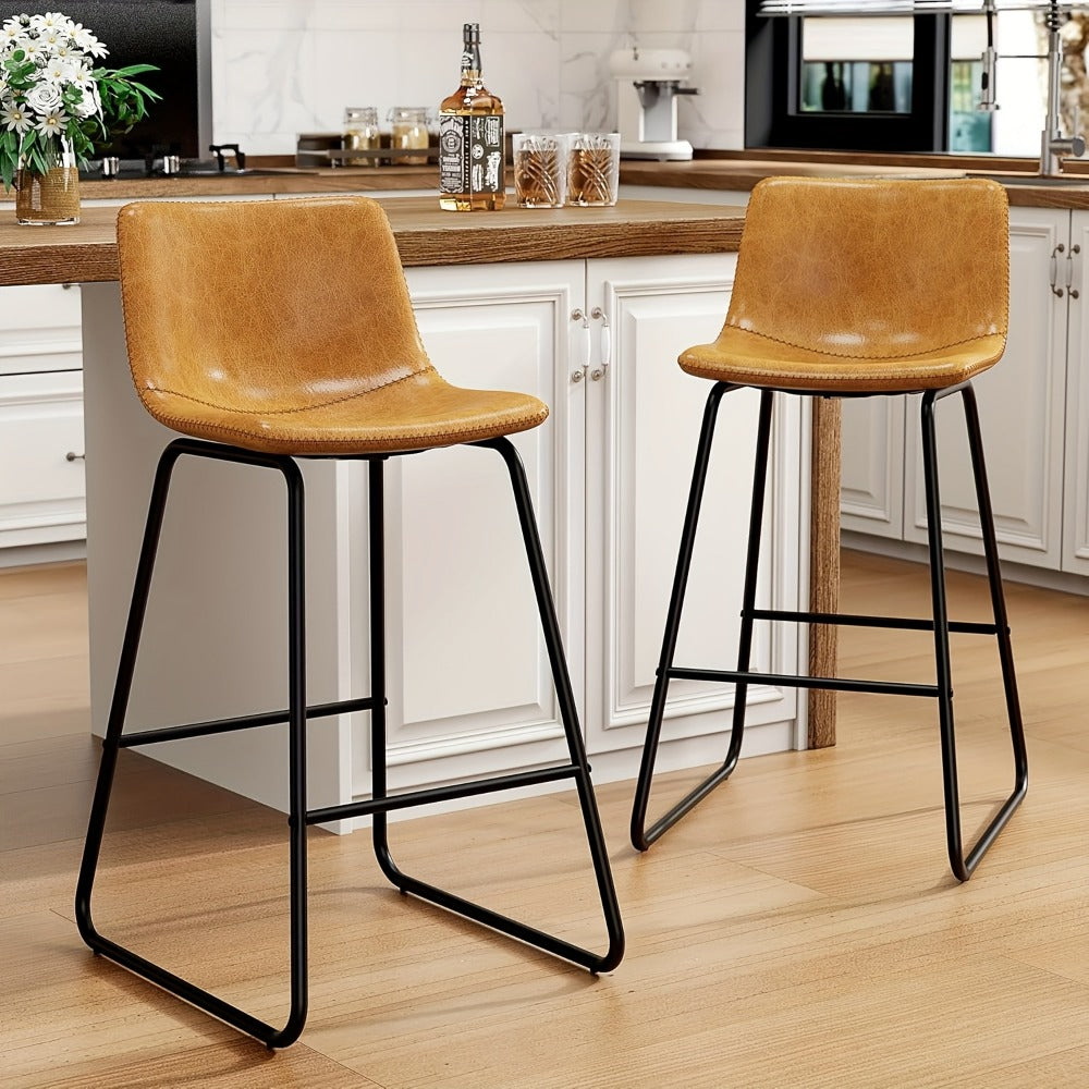 Bar Stool Fixed 26in Seat in Sets of 2 or 3 with Faux Leather Back, Metal Sled Legs and Six Colors