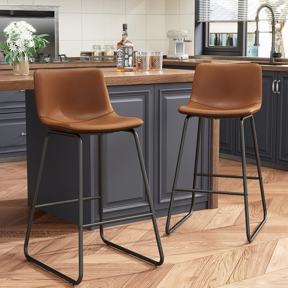 Bar Stool Fixed 26in Seat in Sets of 2 or 3 with Faux Leather Back, Metal Sled Legs and Six Colors