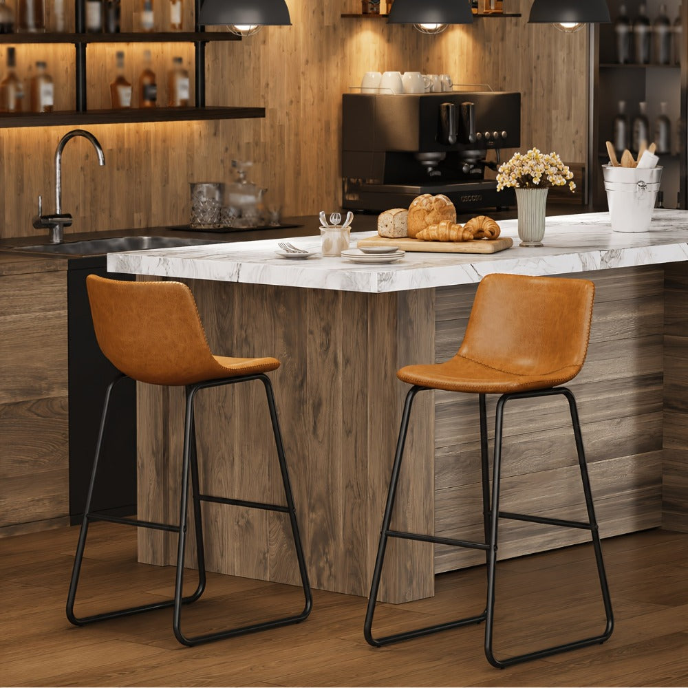 Bar Stool Fixed 26in Seat in Sets of 2 or 3 with Faux Leather Back, Metal Sled Legs and Six Colors
