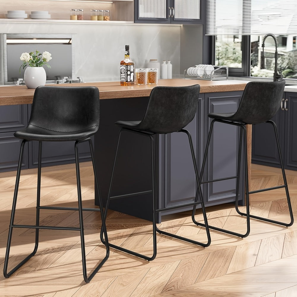 Bar Stool Fixed 26in Seat in Sets of 2 or 3 with Faux Leather Back, Metal Sled Legs and Six Colors