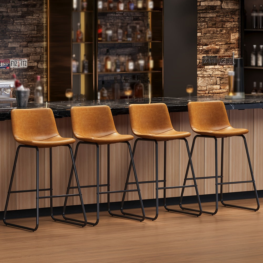 Bar Stool Fixed 26in Seat in Sets of 2 or 3 with Faux Leather Back, Metal Sled Legs and Six Colors