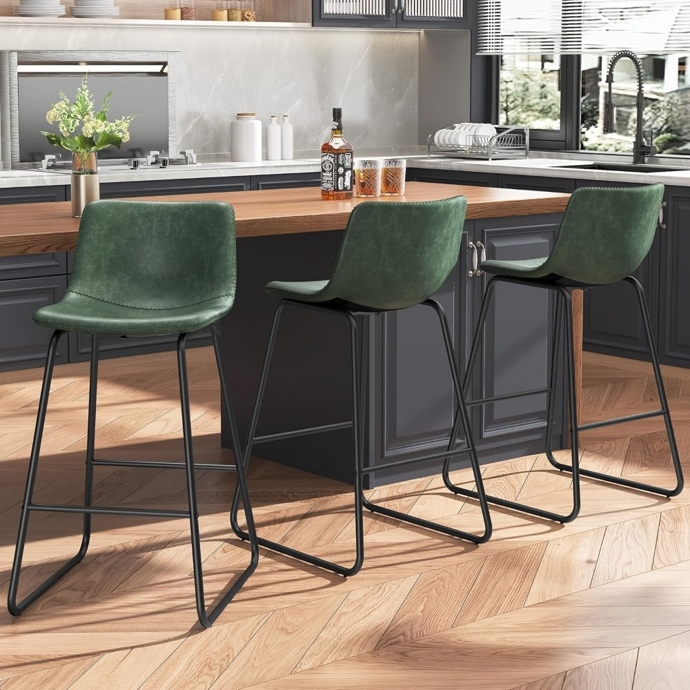 Bar Stool Fixed 26in Seat in Sets of 2 or 3 with Faux Leather Back, Metal Sled Legs and Six Colors