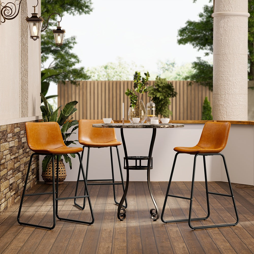 Bar Stool Fixed 26in Seat in Sets of 2 or 3 with Faux Leather Back, Metal Sled Legs and Six Colors