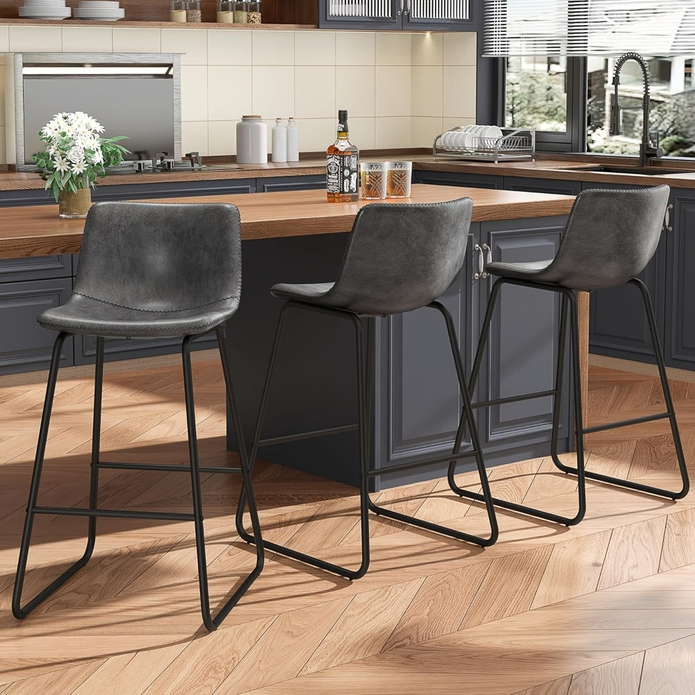 Bar Stool Fixed 26in Seat in Sets of 2 or 3 with Faux Leather Back, Metal Sled Legs and Six Colors
