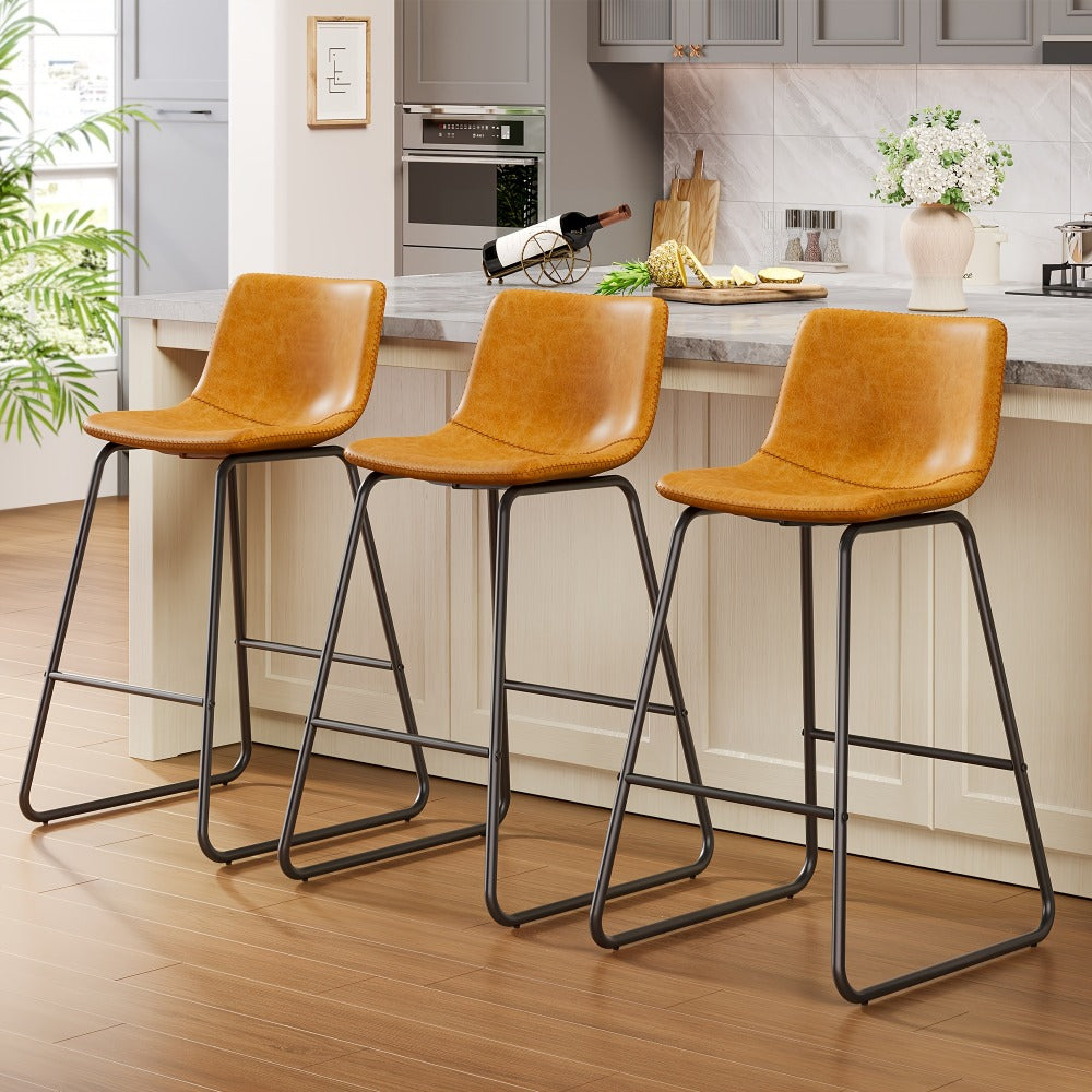 Bar Stool Fixed 26in Seat in Sets of 2 or 3 with Faux Leather Back, Metal Sled Legs and Six Colors