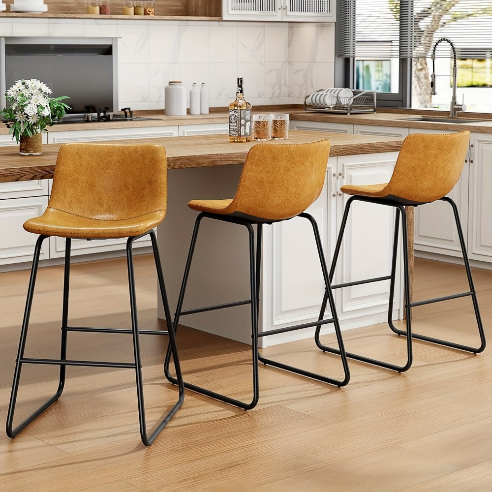 Bar Stool Fixed 26in Seat in Sets of 2 or 3 with Faux Leather Back, Metal Sled Legs and Six Colors
