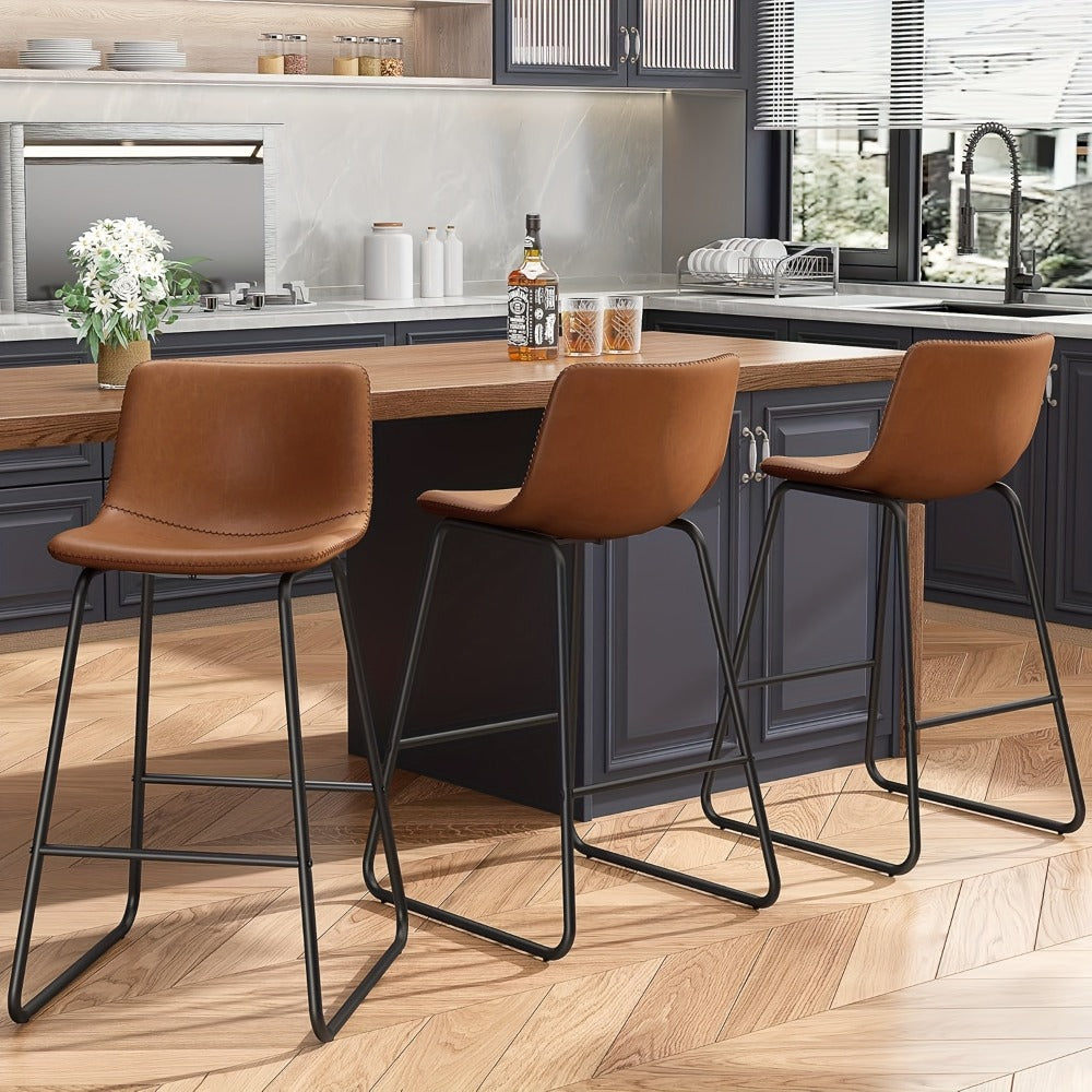 Bar Stool Fixed 26in Seat in Sets of 2 or 3 with Faux Leather Back, Metal Sled Legs and Six Colors