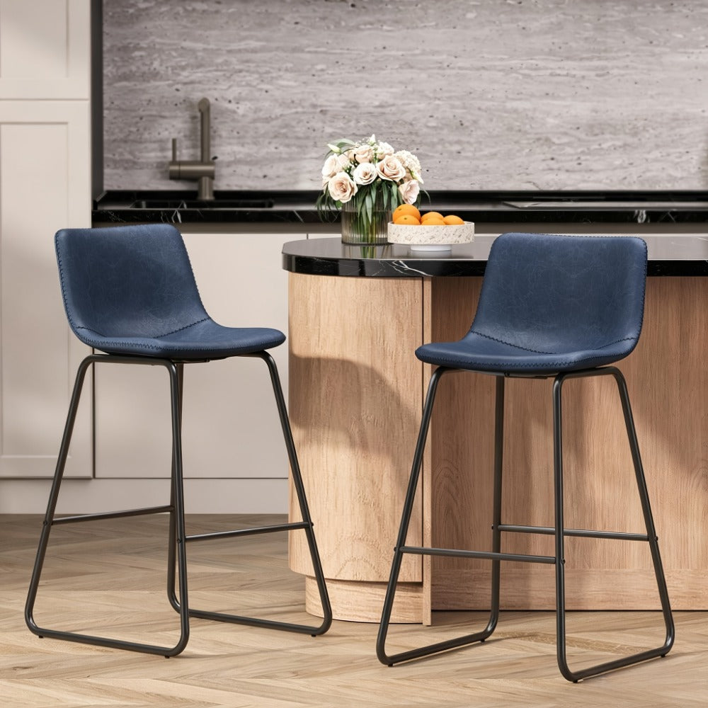 Bar Stool Fixed 26in Seat in Sets of 2 or 3 with Faux Leather Back, Metal Sled Legs and Six Colors