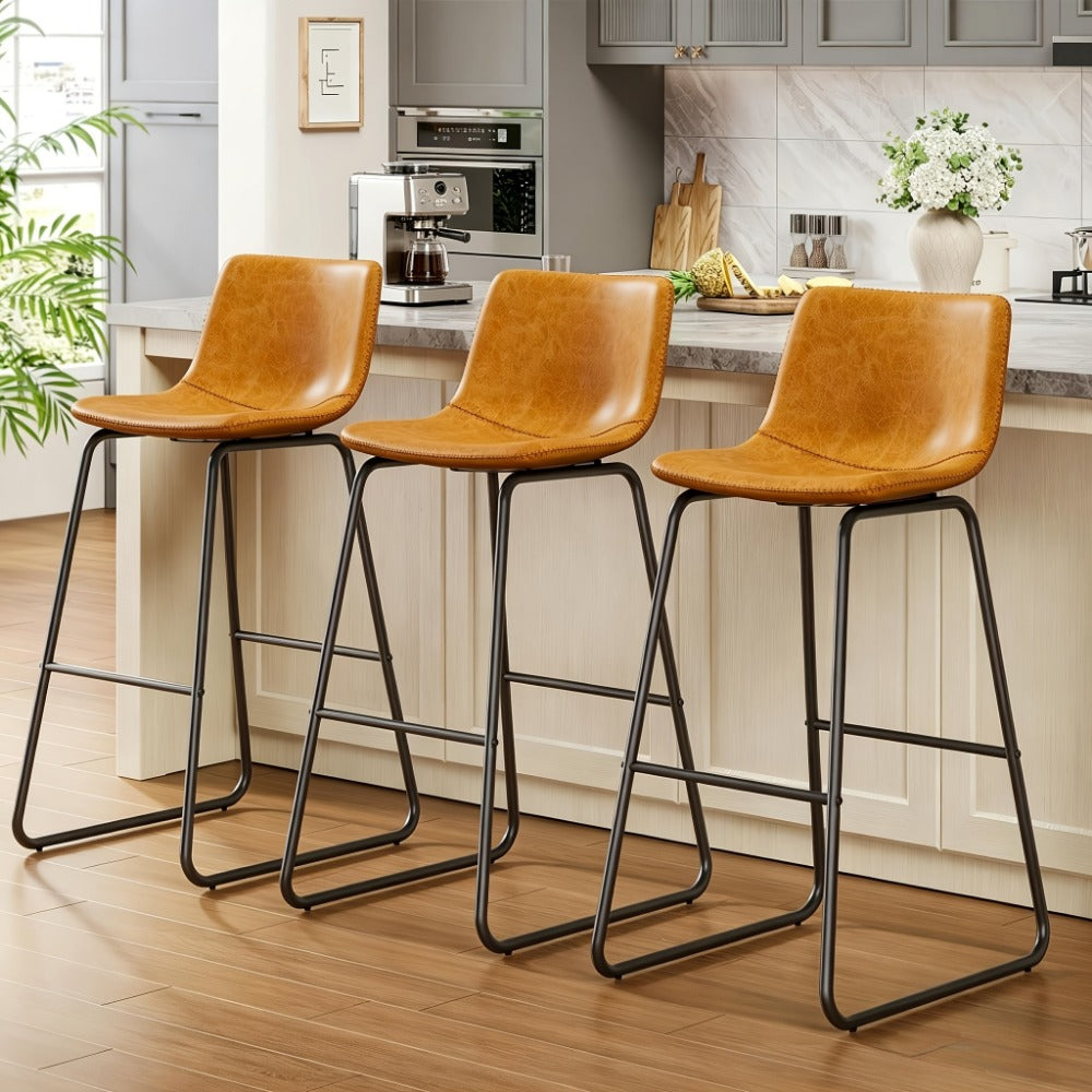 Bar Stool Fixed 26in Seat in Sets of 2 or 3 with Faux Leather Back, Metal Sled Legs and Six Colors