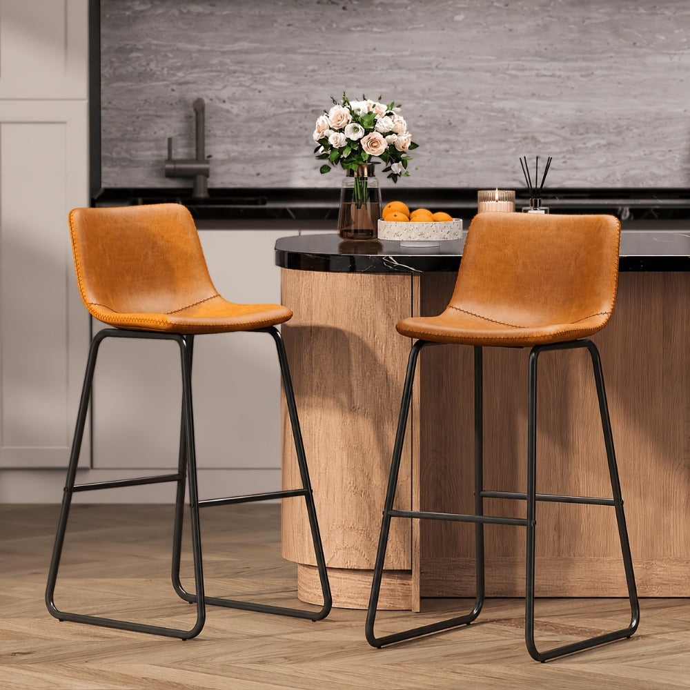 Bar Stool Fixed 26in Seat in Sets of 2 or 3 with Faux Leather Back, Metal Sled Legs and Six Colors
