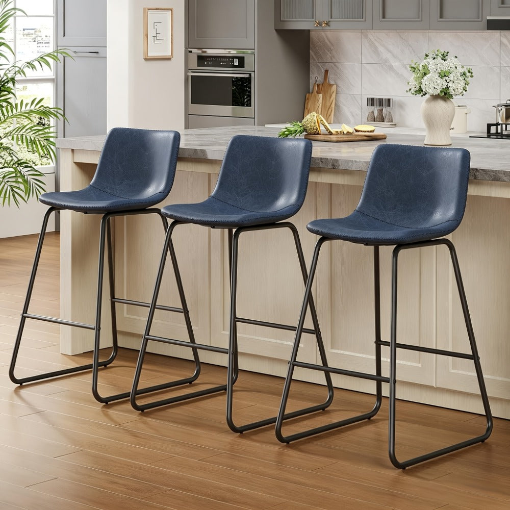 Bar Stool Fixed 26in Seat in Sets of 2 or 3 with Faux Leather Back, Metal Sled Legs and Six Colors