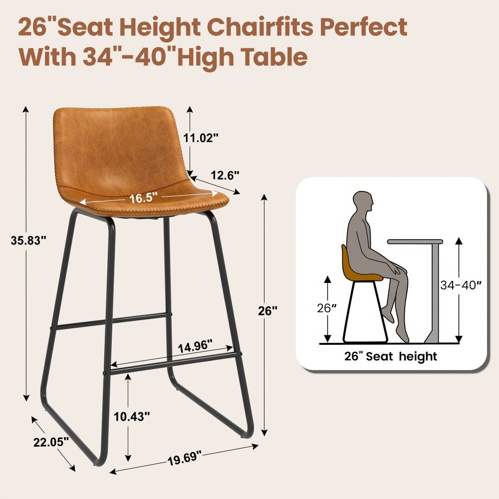 Bar Stool Fixed 26in Seat in Sets of 2 or 3 with Faux Leather Back, Metal Sled Legs and Six Colors