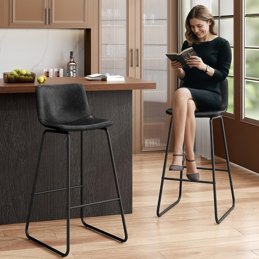 Bar Stool Fixed 26in Seat in Sets of 2 or 3 with Faux Leather Back, Metal Sled Legs and Six Colors