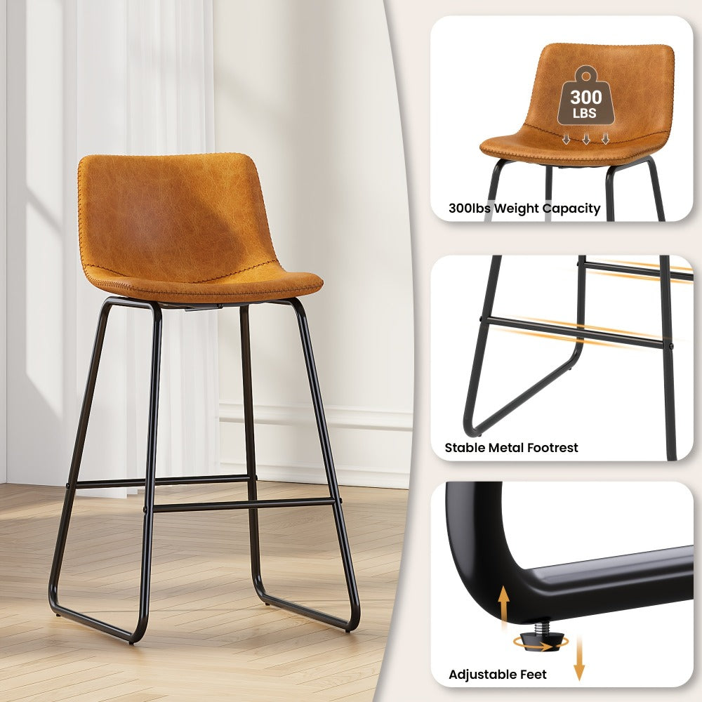 Bar Stool Fixed 26in Seat in Sets of 2 or 3 with Faux Leather Back, Metal Sled Legs and Six Colors