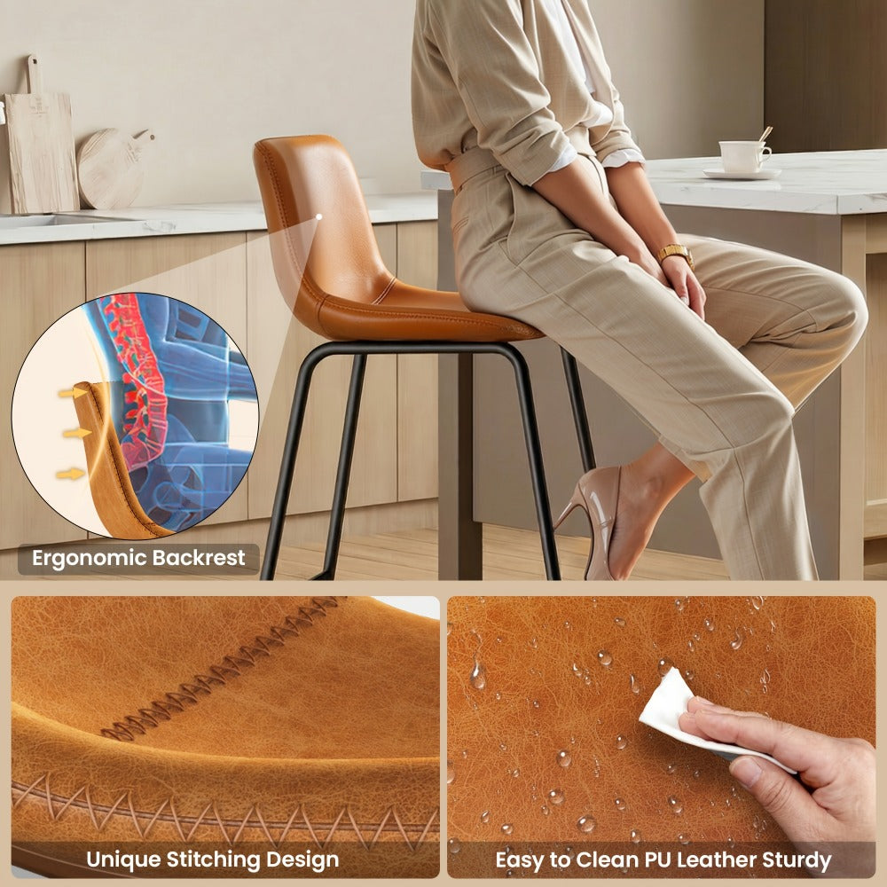 Bar Stool Fixed 26in Seat in Sets of 2 or 3 with Faux Leather Back, Metal Sled Legs and Six Colors