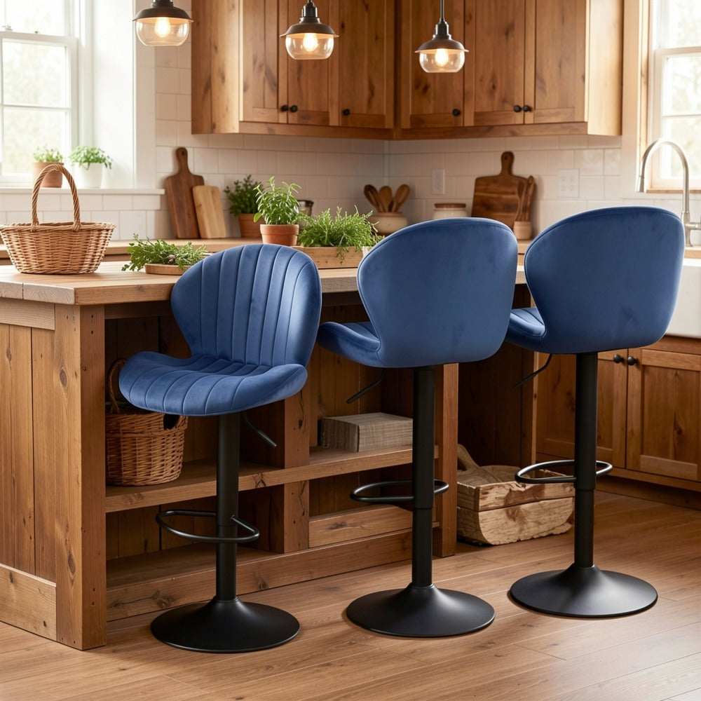 Bar Stool Velvet Shell Back in Sets of 2 or 3 with Adjustable Swivel Pedestal, Footrest and Four Colors
