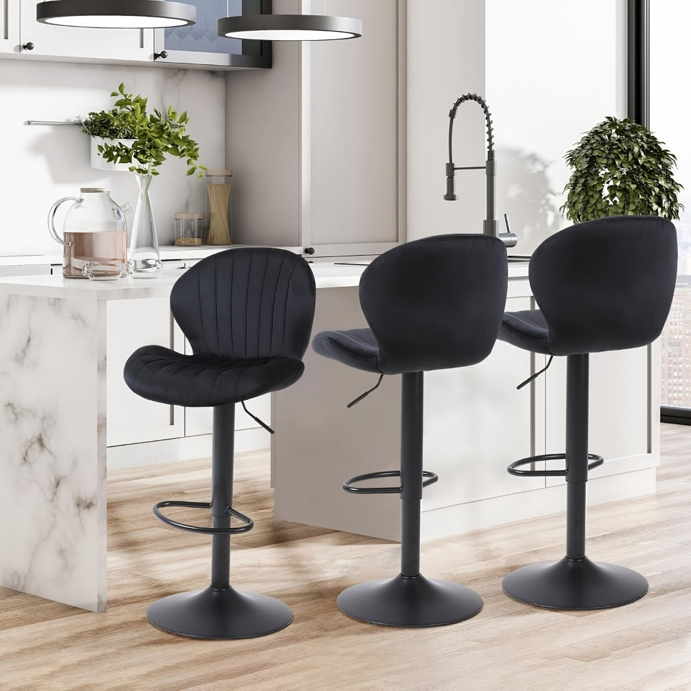 Bar Stool Velvet Shell Back in Sets of 2 or 3 with Adjustable Swivel Pedestal, Footrest and Four Colors