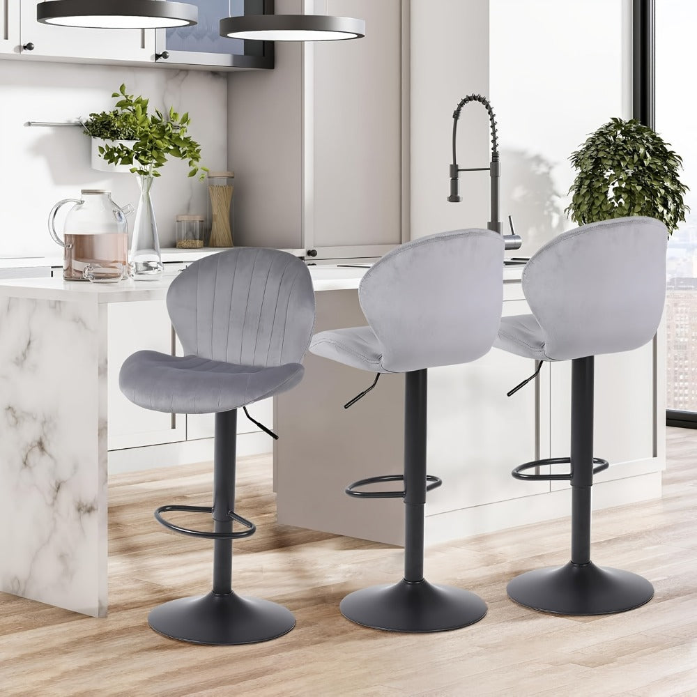 Bar Stool Velvet Shell Back in Sets of 2 or 3 with Adjustable Swivel Pedestal, Footrest and Four Colors