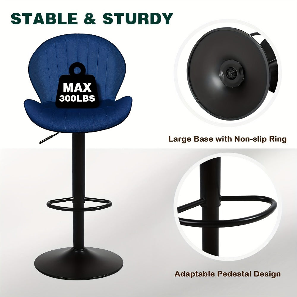 Bar Stool Velvet Shell Back in Sets of 2 or 3 with Adjustable Swivel Pedestal, Footrest and Four Colors