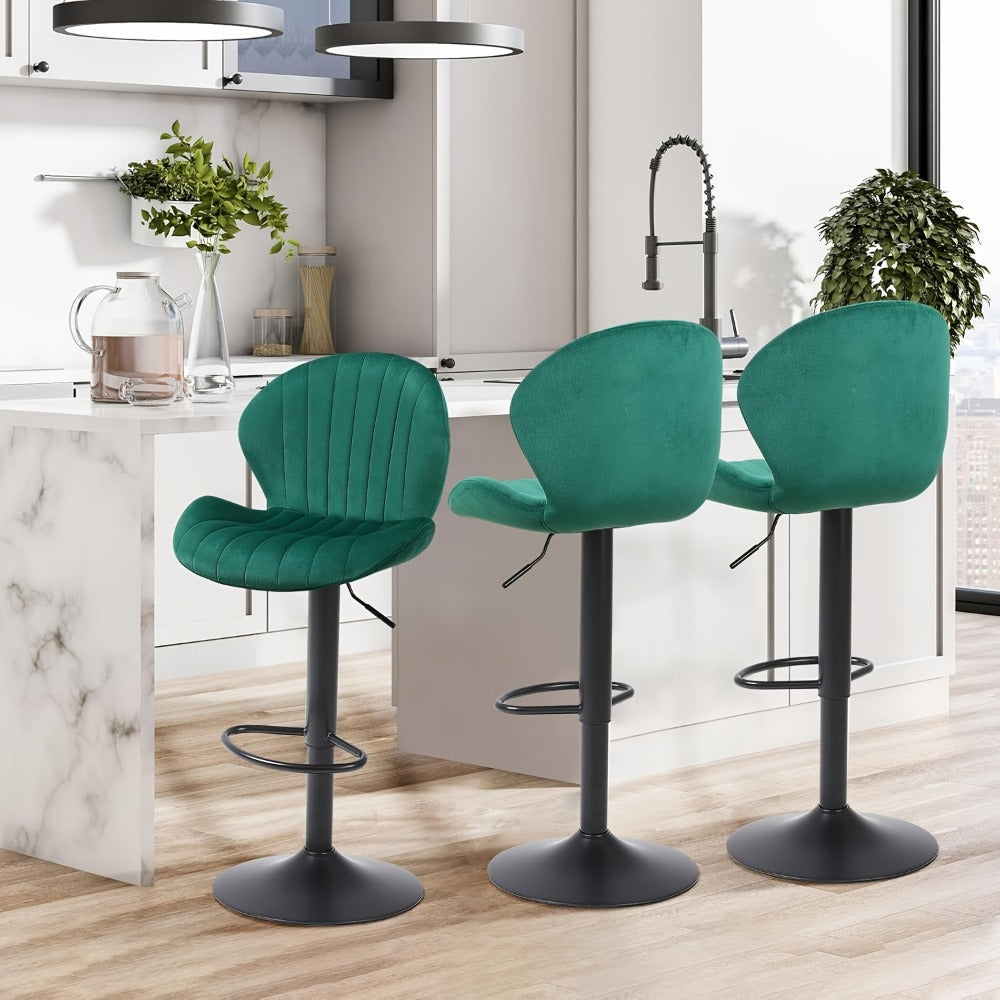 Bar Stool Velvet Shell Back in Sets of 2 or 3 with Adjustable Swivel Pedestal, Footrest and Four Colors