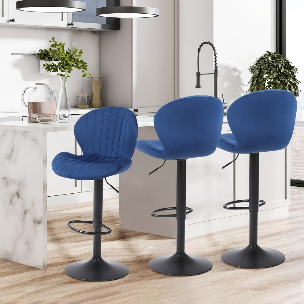 Bar Stool Velvet Shell Back in Sets of 2 or 3 with Adjustable Swivel Pedestal, Footrest and Four Colors