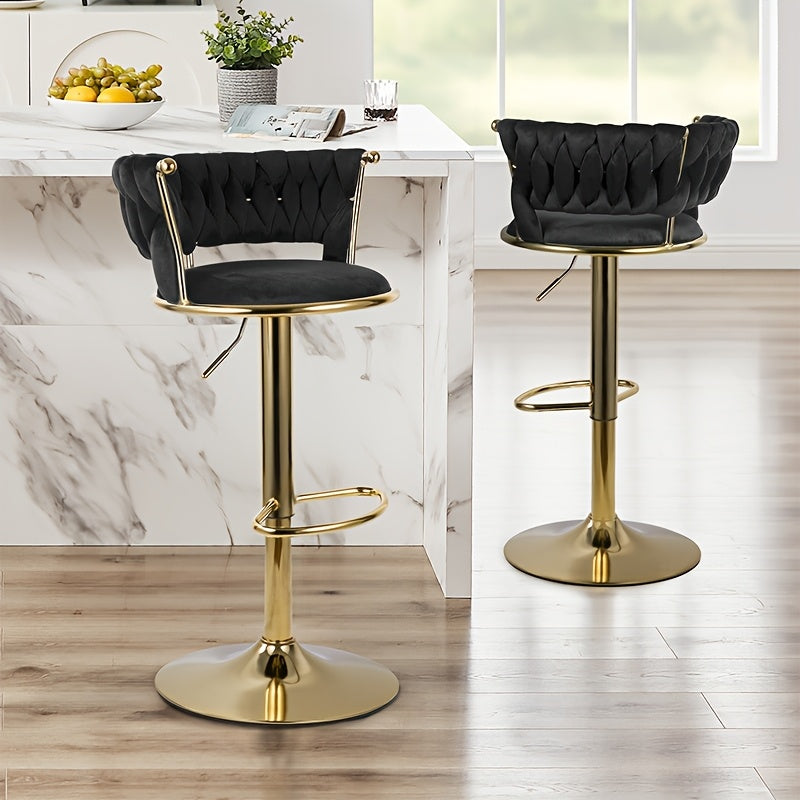 Bar Stool Velvet Set of 2 or 4 with Woven Back, Gold Pedestal, Footrest and Adjustable Swivel Seat