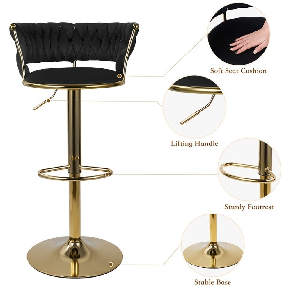 Bar Stool Velvet Set of 2 or 4 with Woven Back, Gold Pedestal, Footrest and Adjustable Swivel Seat