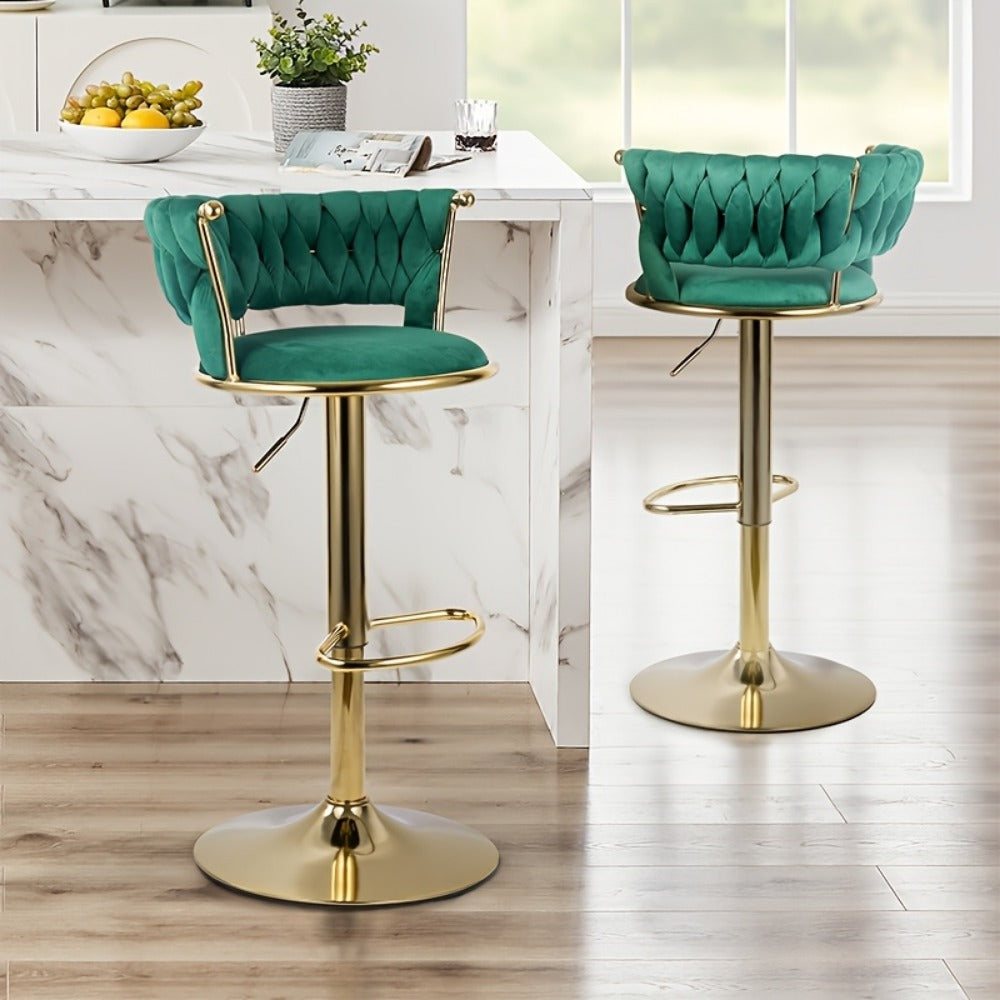 Bar Stool Velvet Set of 2 or 4 with Woven Back, Gold Pedestal, Footrest and Adjustable Swivel Seat
