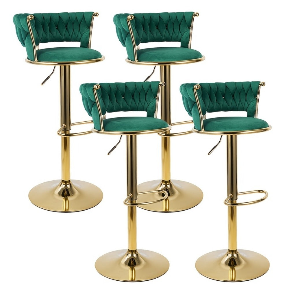 Bar Stool Velvet Set of 2 or 4 with Woven Back, Gold Pedestal, Footrest and Adjustable Swivel Seat